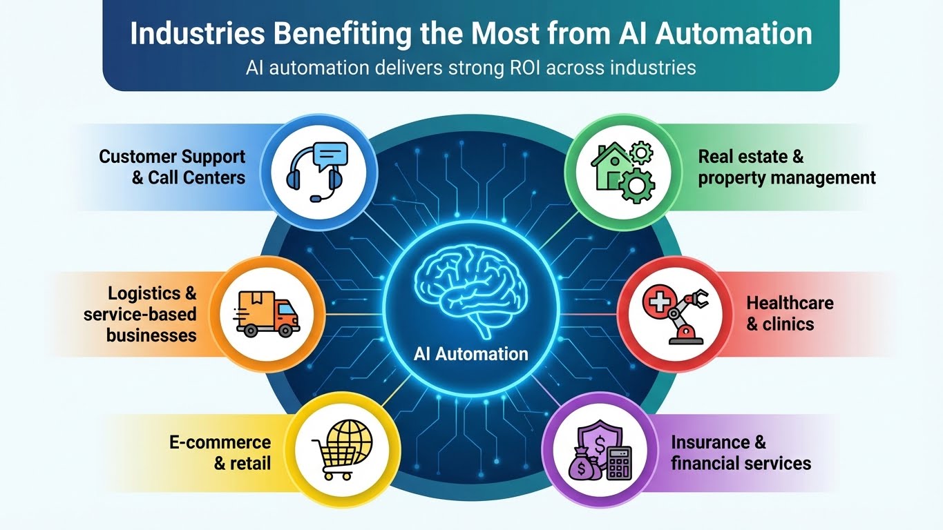Infographic showing industries benefiting from AI automation, including customer support, real estate, healthcare, finance, e-commerce, and logistics