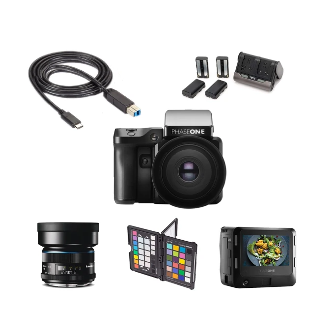 Image containing all the equipment present in the Digital III Pack : a Phaseone XF Body, a digital back IQ150 50M°px, a Schneider Kreuznach 80mm LS f/2.8 Lens, a Syncro USB 3.0 TheterTools Cable, a Double charger + four Phaseone batteries, a Colorchecker