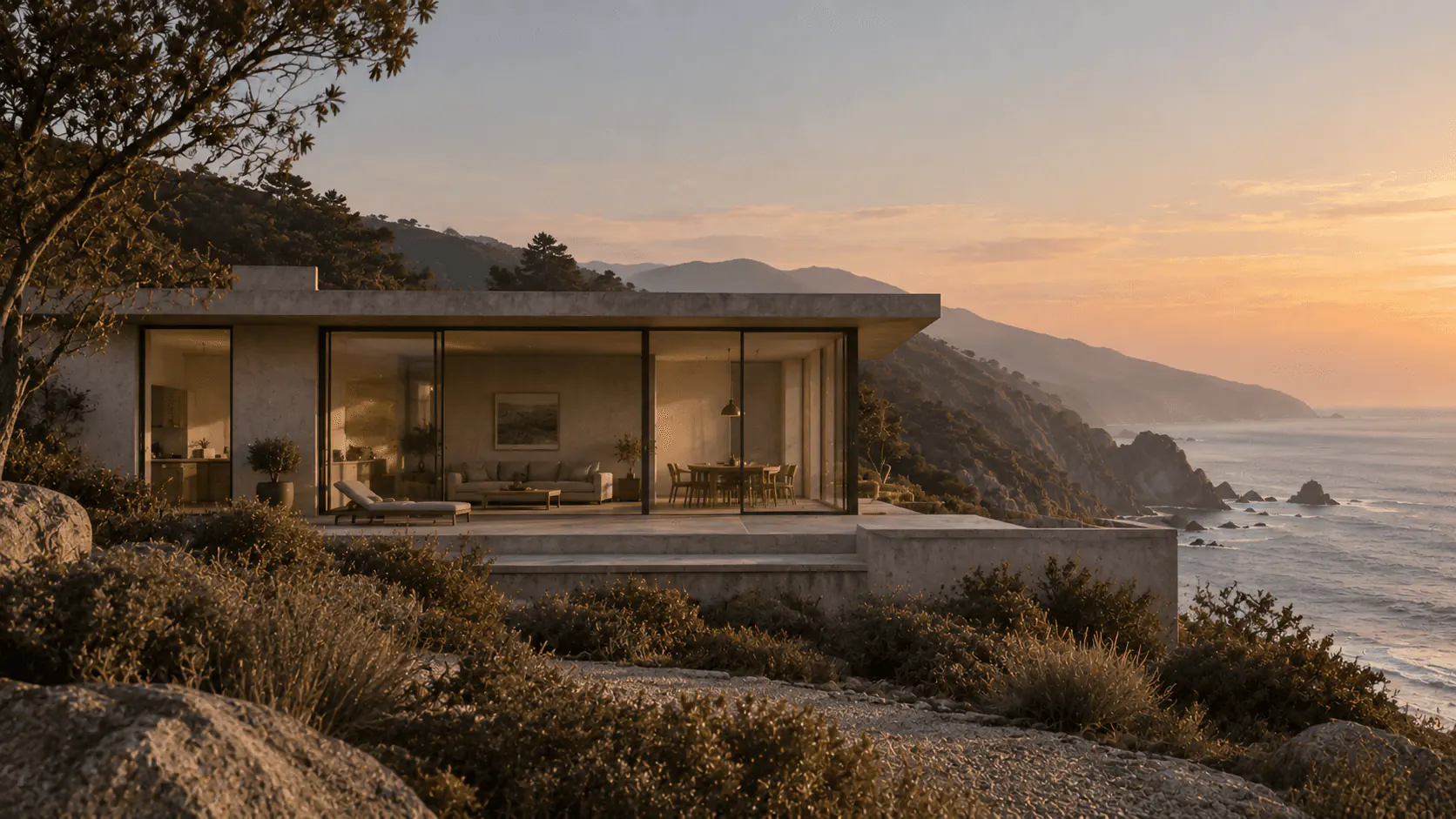 Cliffside Retreat, before: the original cliffside house at sunset
