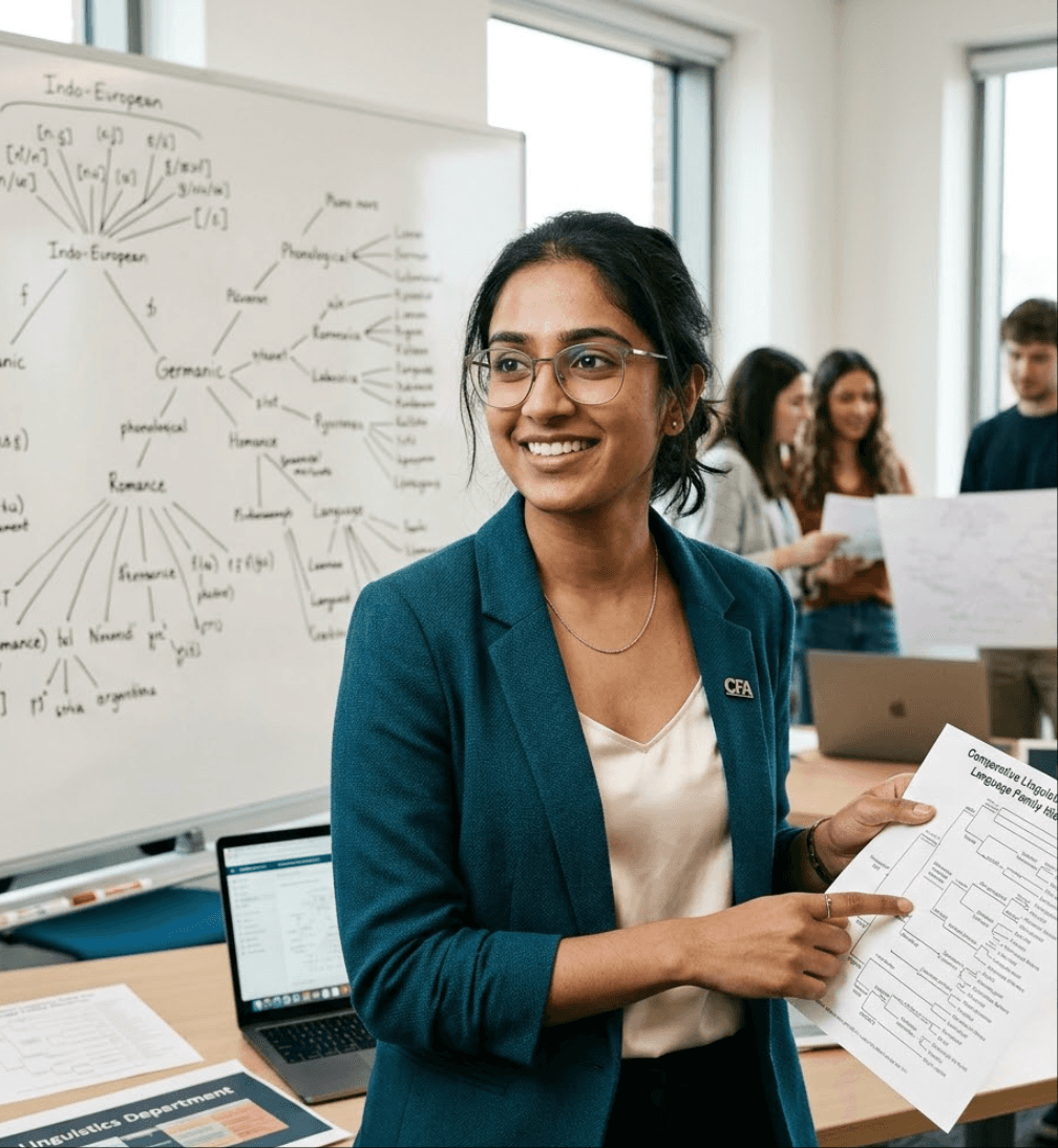 PhD candidate using tree charts to visualize language family structures in linguistic research