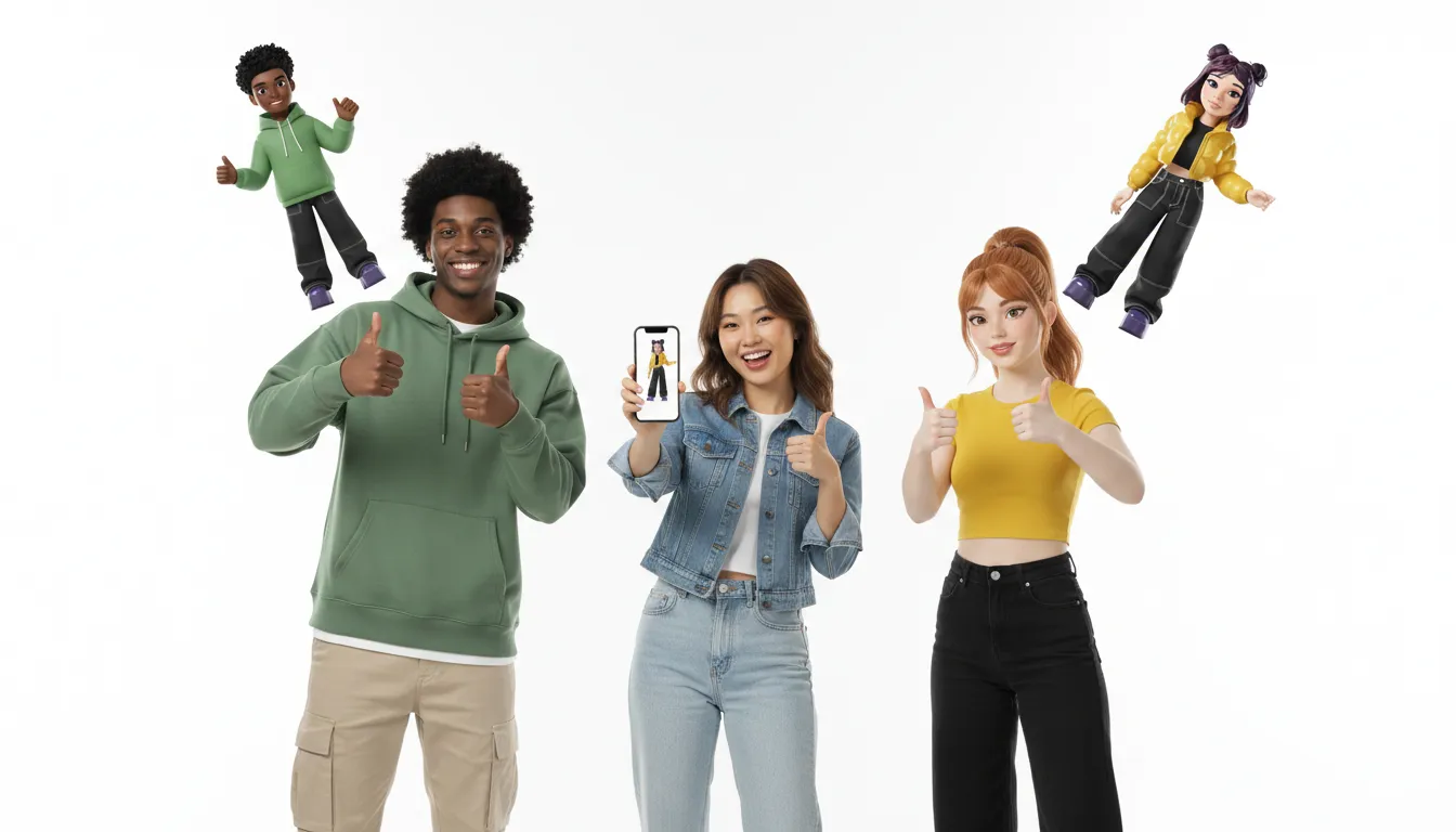Group of friends celebrating with stylized 3D AI avatars beside their phones, the embodied result of a free avatar conversion