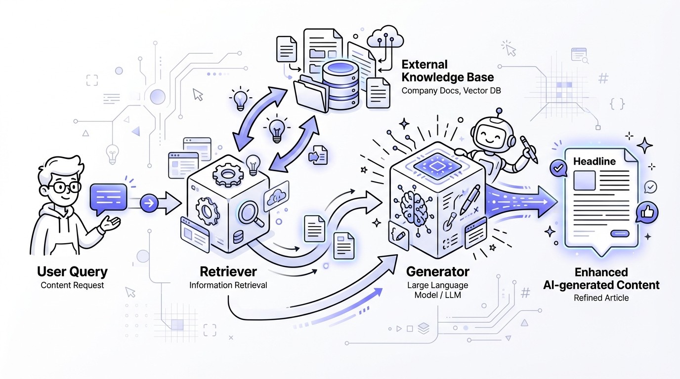A modern, professional diagram explaining the Retrieval-Augmented Generation (RAG) process. It shows a 'User Query' flowing into a 'Retriever' module. The 'Retriever' then interacts with an 'External Knowledge Base' to fetch relevant information. Both the retrieved information and the original query are sent to a 'Generator' (Large Language Model) module, which then produces 'Enhanced AI-generated Content'. Arrows clearly indicate the flow of information between these components.