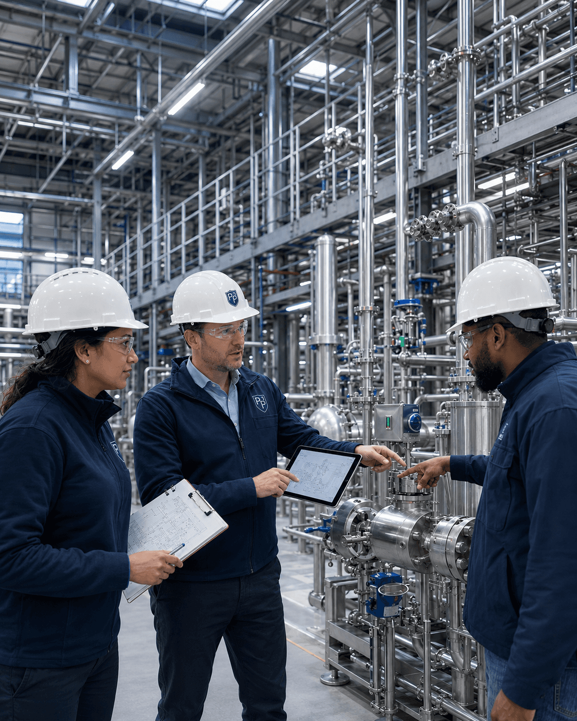 Engineer reviewing process and facility systems in a regulated life sciences manufacturing environment.