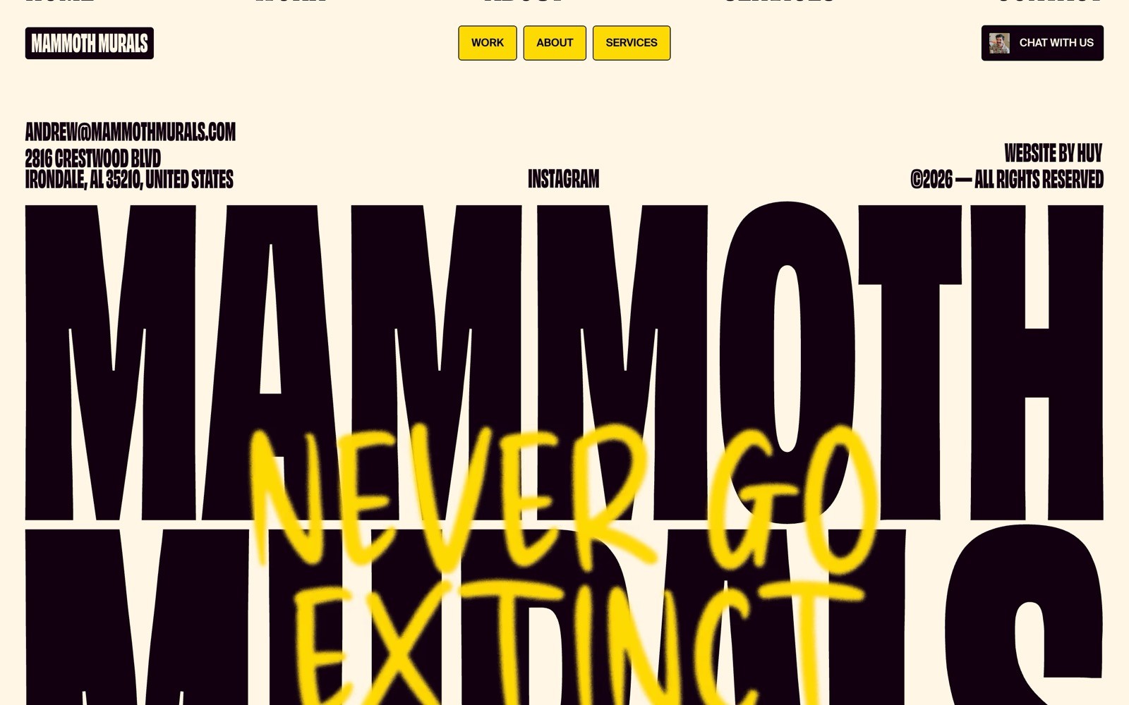 Bold black text "MAMMOTH MURALS" with yellow graffiti-style overlay "NEVER GO EXTINCT." Contact info and website links are visible.
