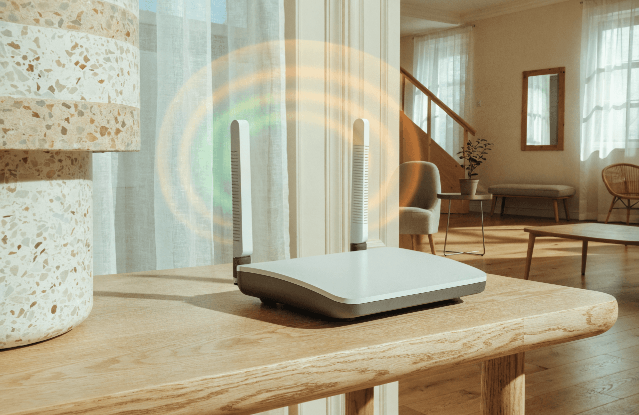 Router WiFi de doble banda emitiendo señal en un salón moderno