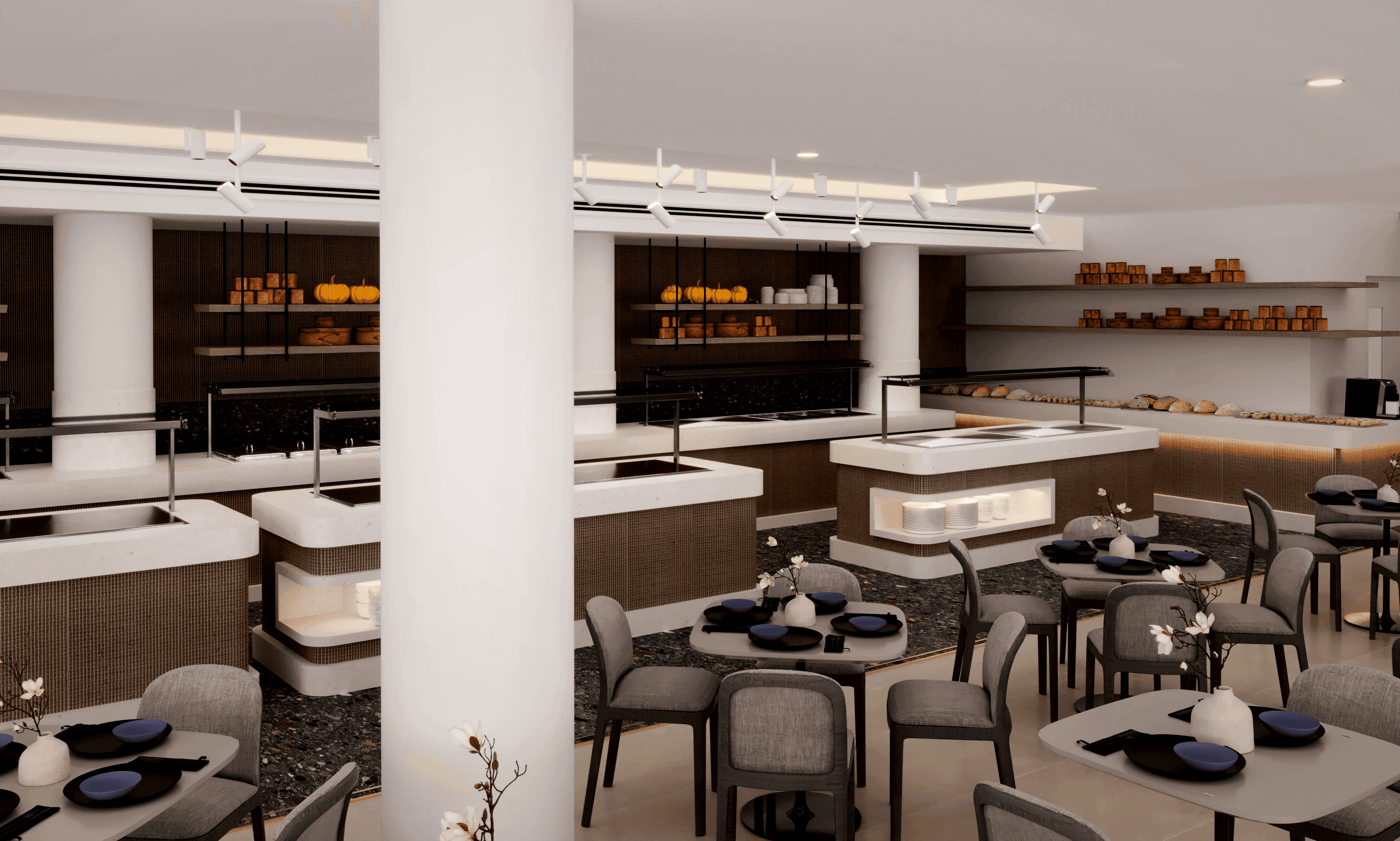 Luxury hotel buffet station with woven cane millwork, timber shelving, terrazzo surfaces, and track lighting — hotel restaurant renovation by topos Design Studio Cyprus