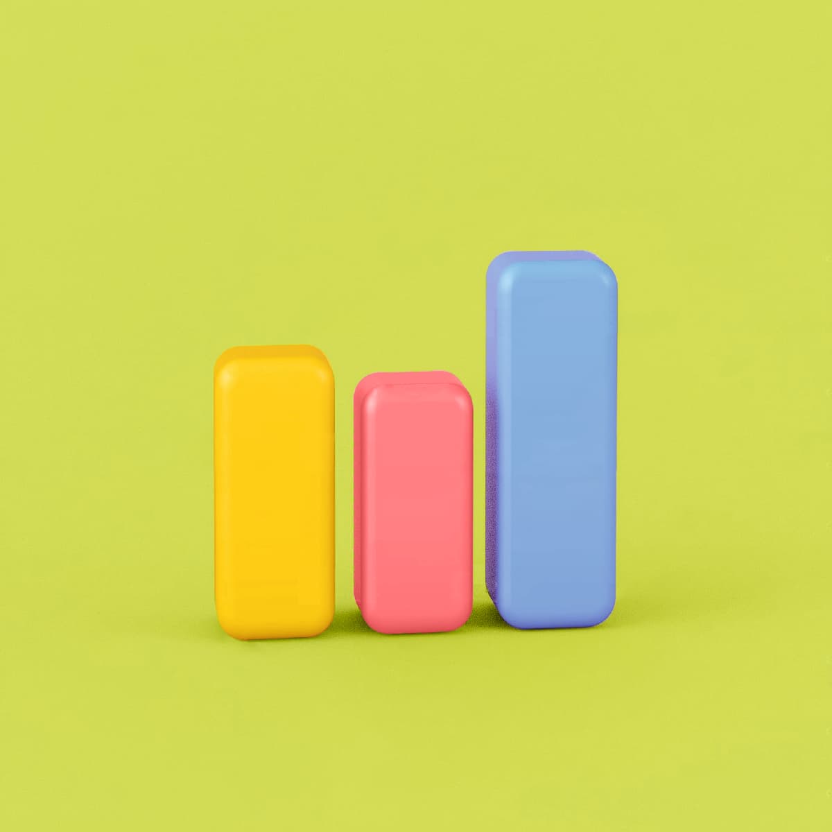 Minimalist 3D bar chart with yellow, pink, and blue blocks on a green background, symbolizing a comprehensive evaluation that assesses speech and language skills to guide personalized treatment.