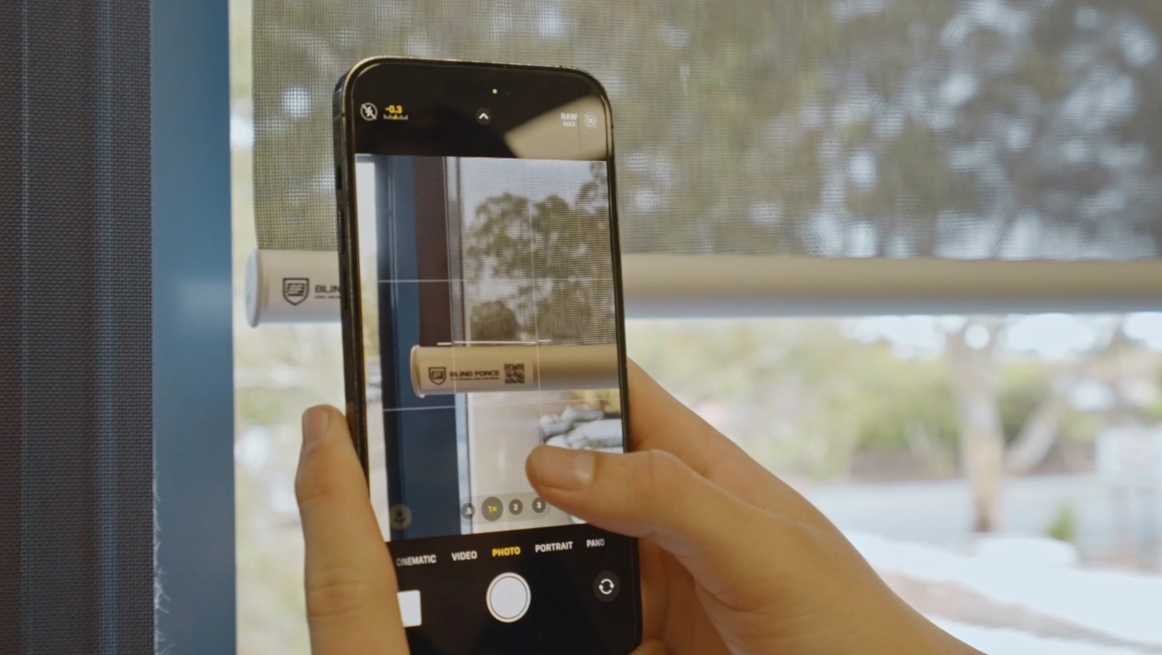 Digital Product Passport QR code being scanned with Apple iPhone on Blind Force blind