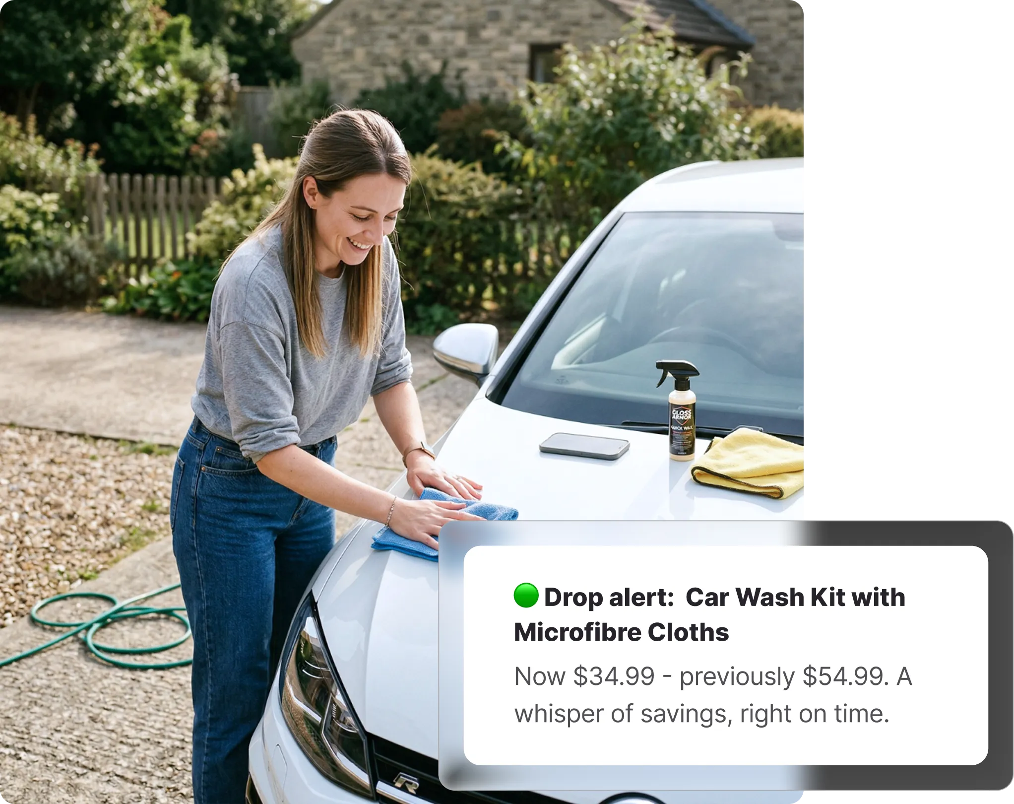 Woman washing a car in a driveway, with a Whisprice price drop alert showing a Supercheap Auto Car Wash Kit with Microfibre Cloths dropped from $54.99 to $34.99.