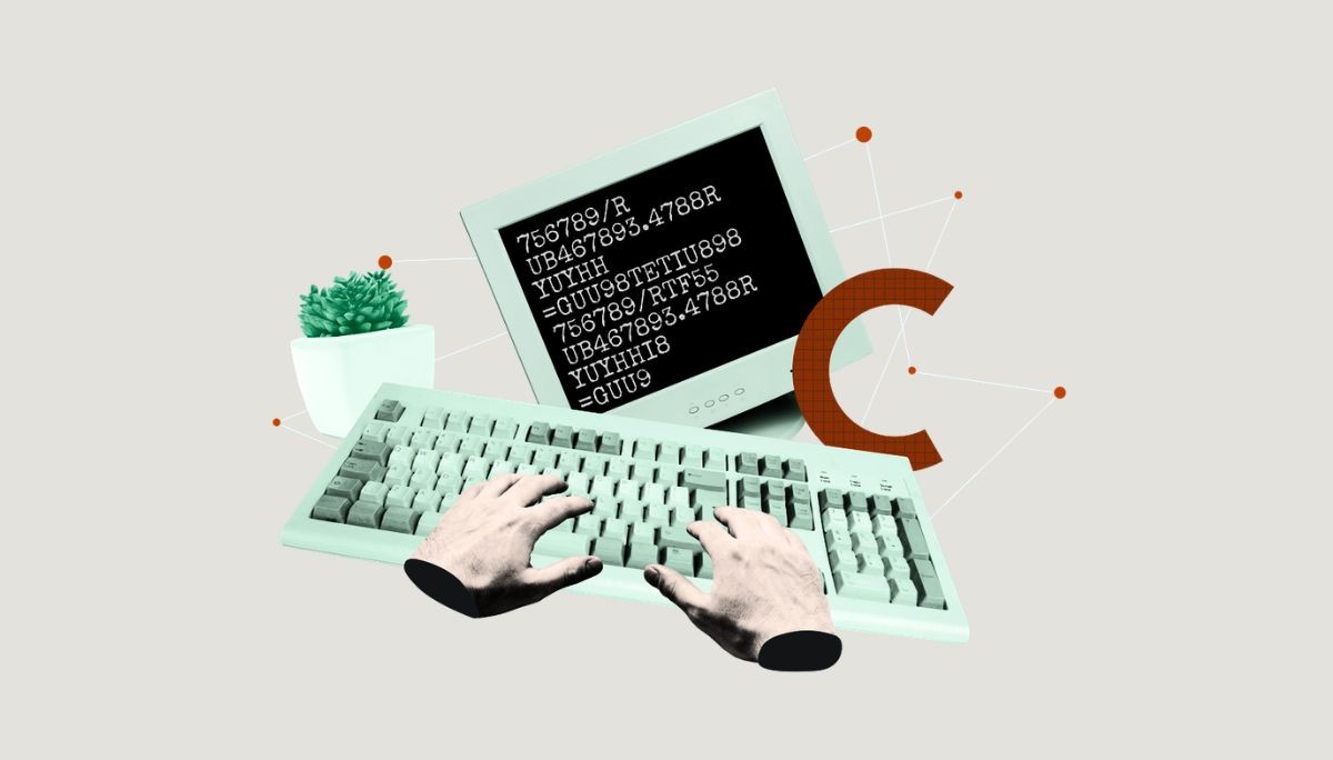Vintage computer with keyboard and codes, symbolizing alphanumeric characters and their meaning.
