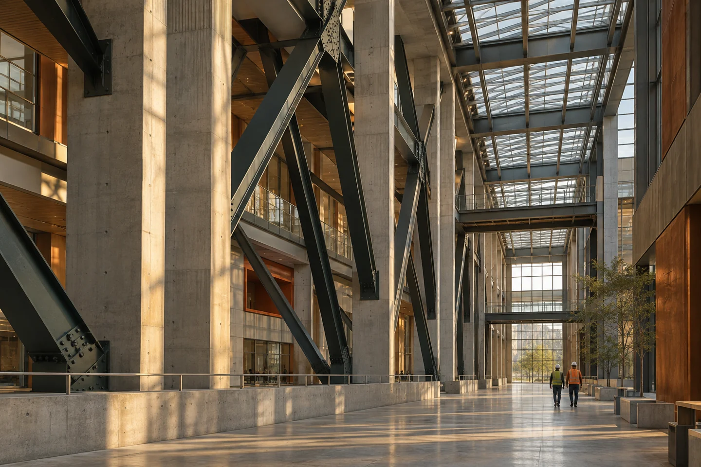 Structural steel, concrete and precise connections in a contemporary research campus atrium. Illustrative image.