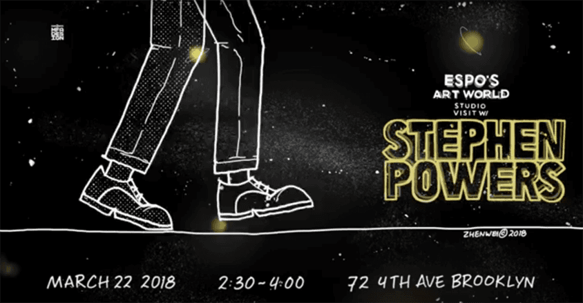 A black poster with a white drawing of some feet and some white and yellow text that says: Espo's Art World Studio Visit W Stephen Powers. MFA Design NYC SVA logo.