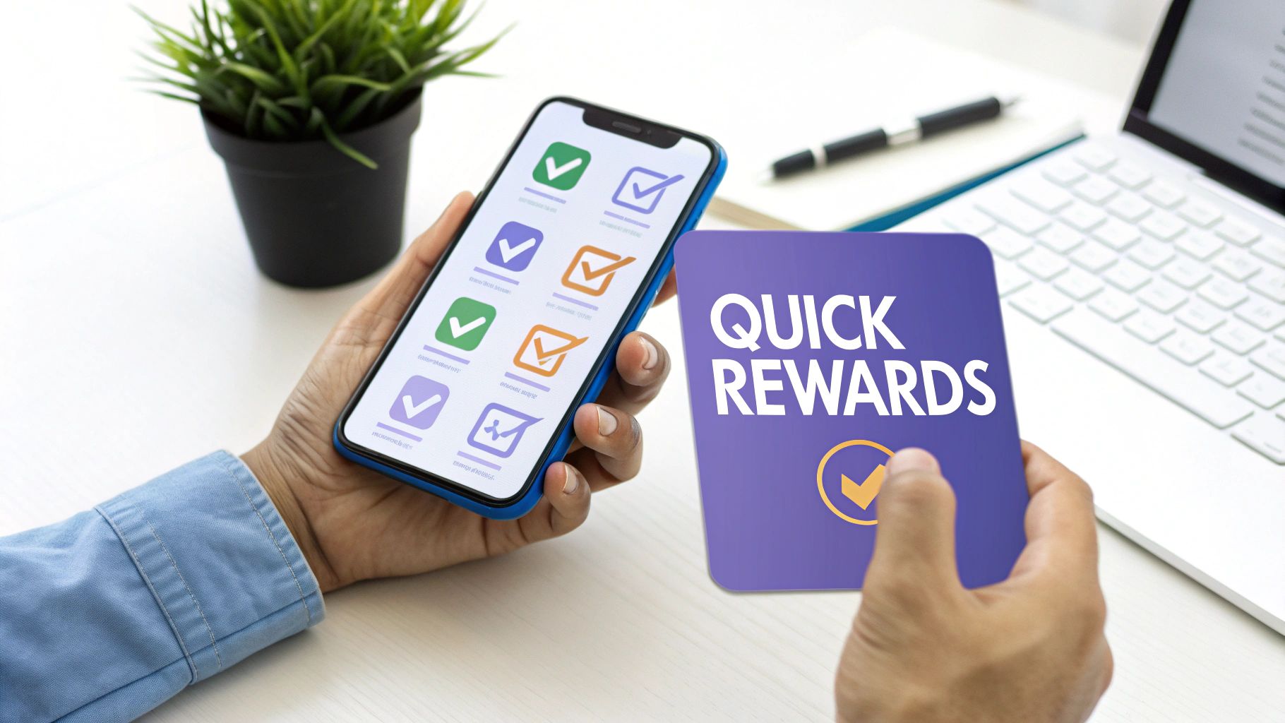 Hands holding a smartphone showing digital checkmarks and a 'QUICK REWARDS' card.