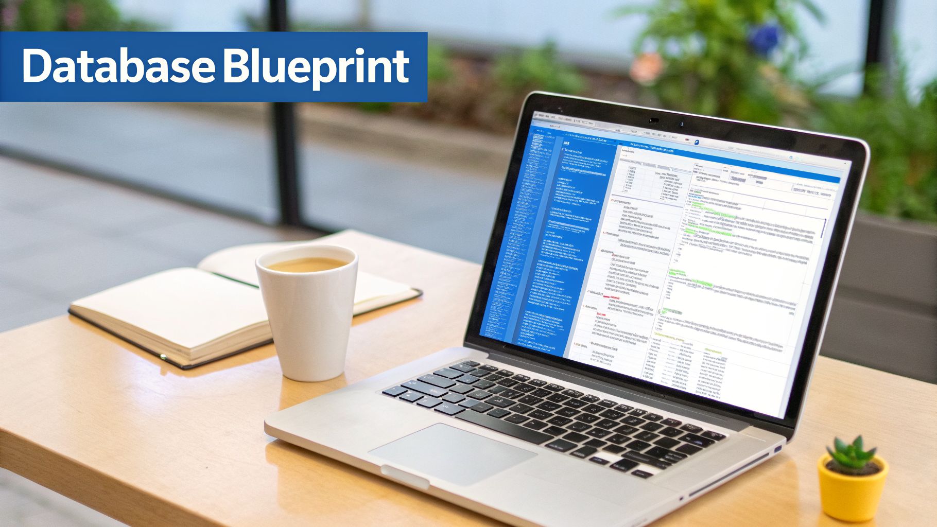 A laptop on a wooden desk displays a detailed database blueprint, with a notebook and coffee.
