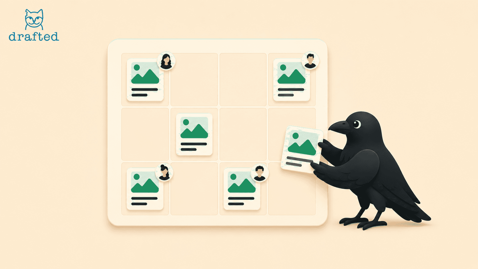 A cartoon crow interacts with a grid of green and white profile cards on a beige background, with the word "drafted" and an owl logo in the top left corner.