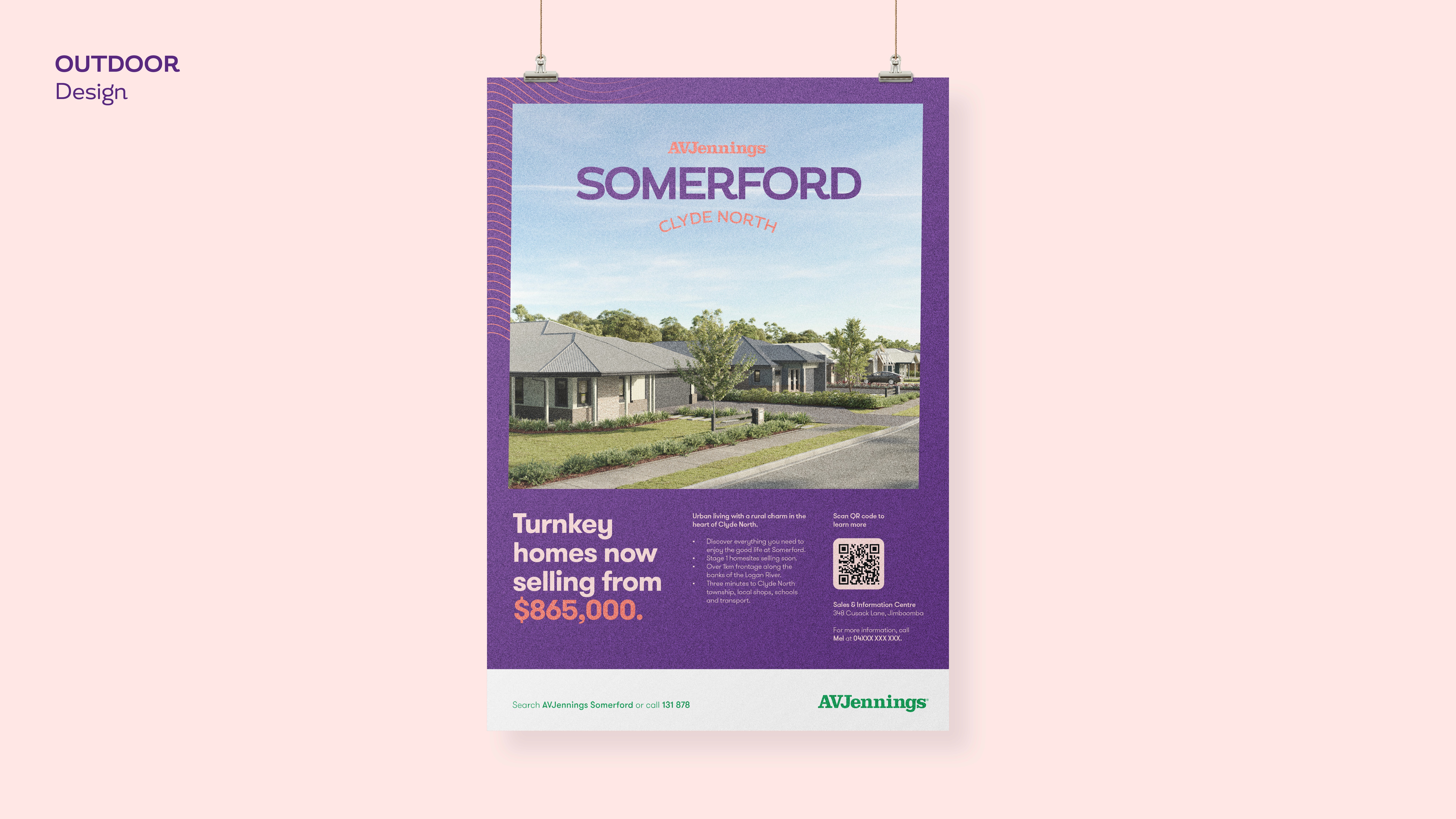 Poster promoting Somerford, Clyde North, features a serene suburban street with modern homes. Text highlights turnkey homes from $865,000, evoking affordability.