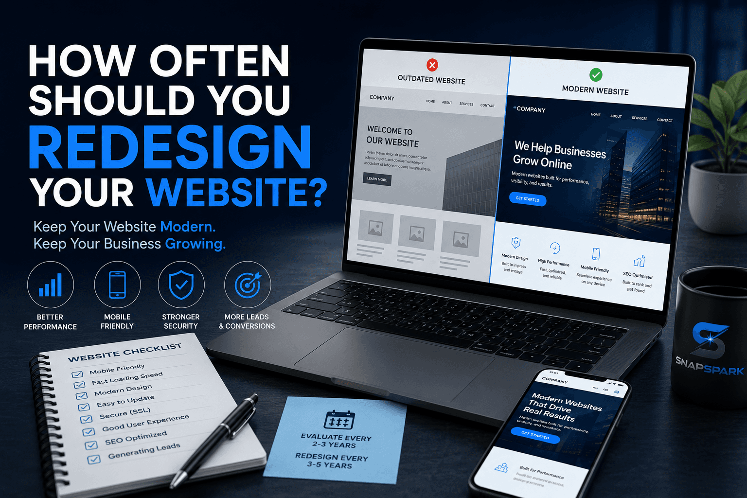 Website redesign comparison showing an outdated website transformed into a modern responsive website with improved performance, mobile compatibility, stronger security, SEO optimization, and better lead generation.