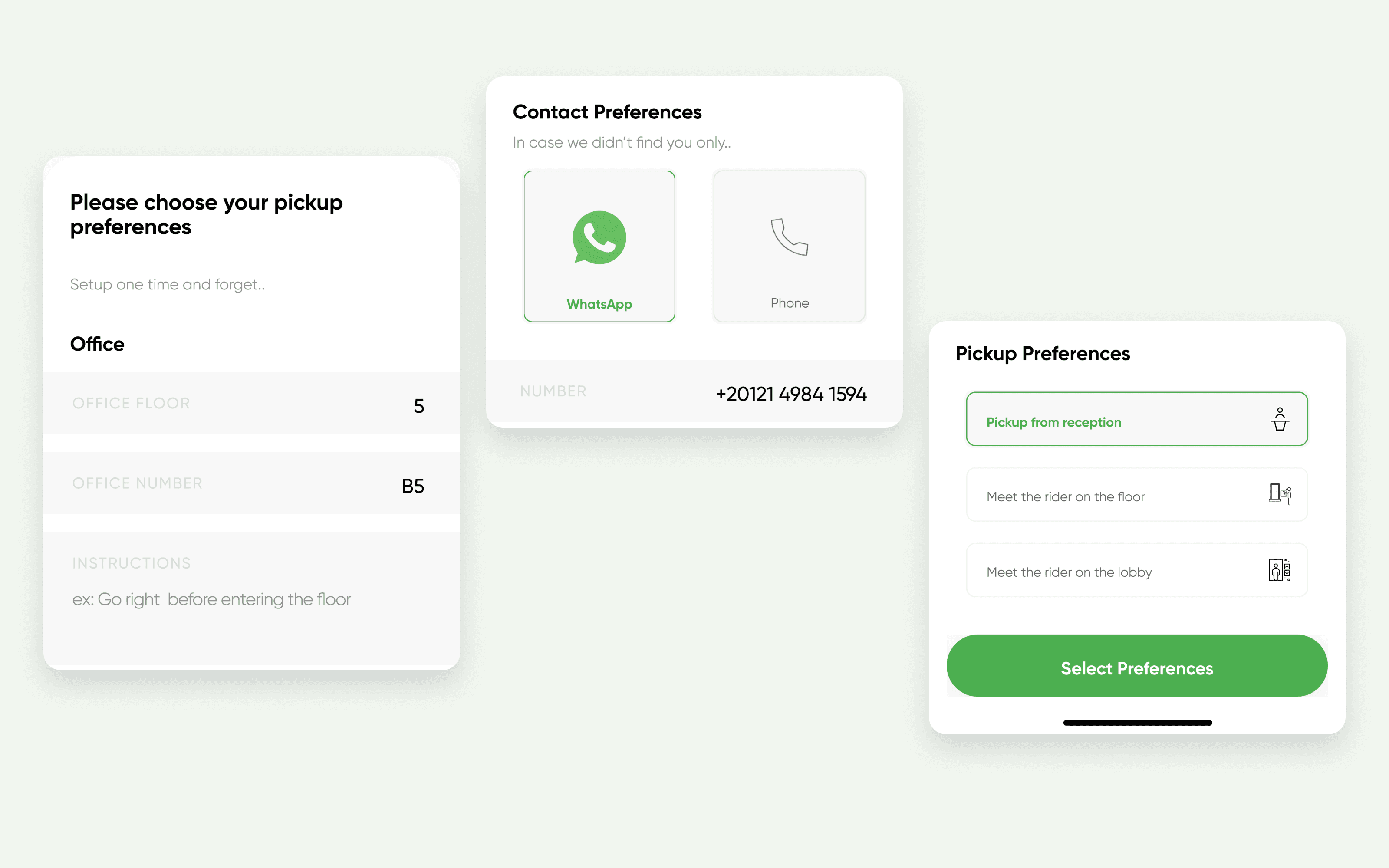 Office details, contact information and pickup preferences.