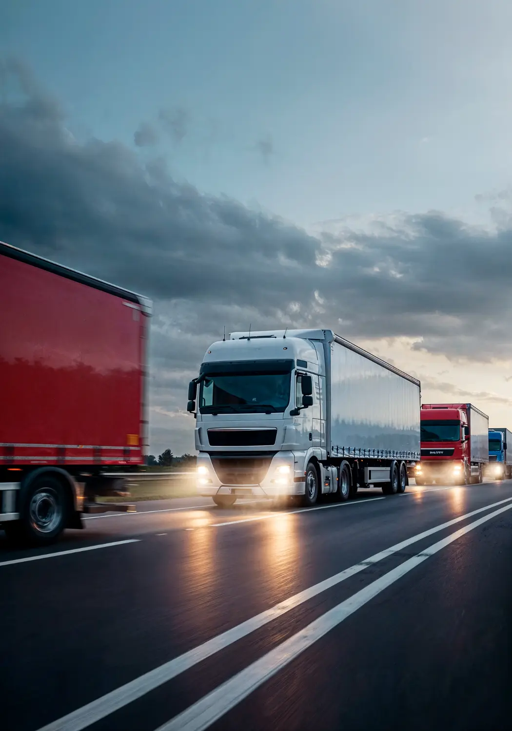 Freight trucks driving in traffic on a highway at night