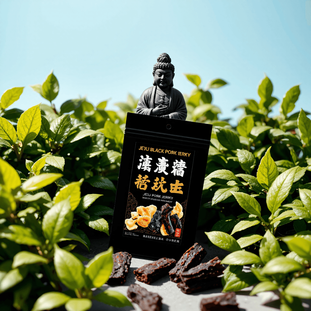 product photography of a box of Jeju black pork jerky