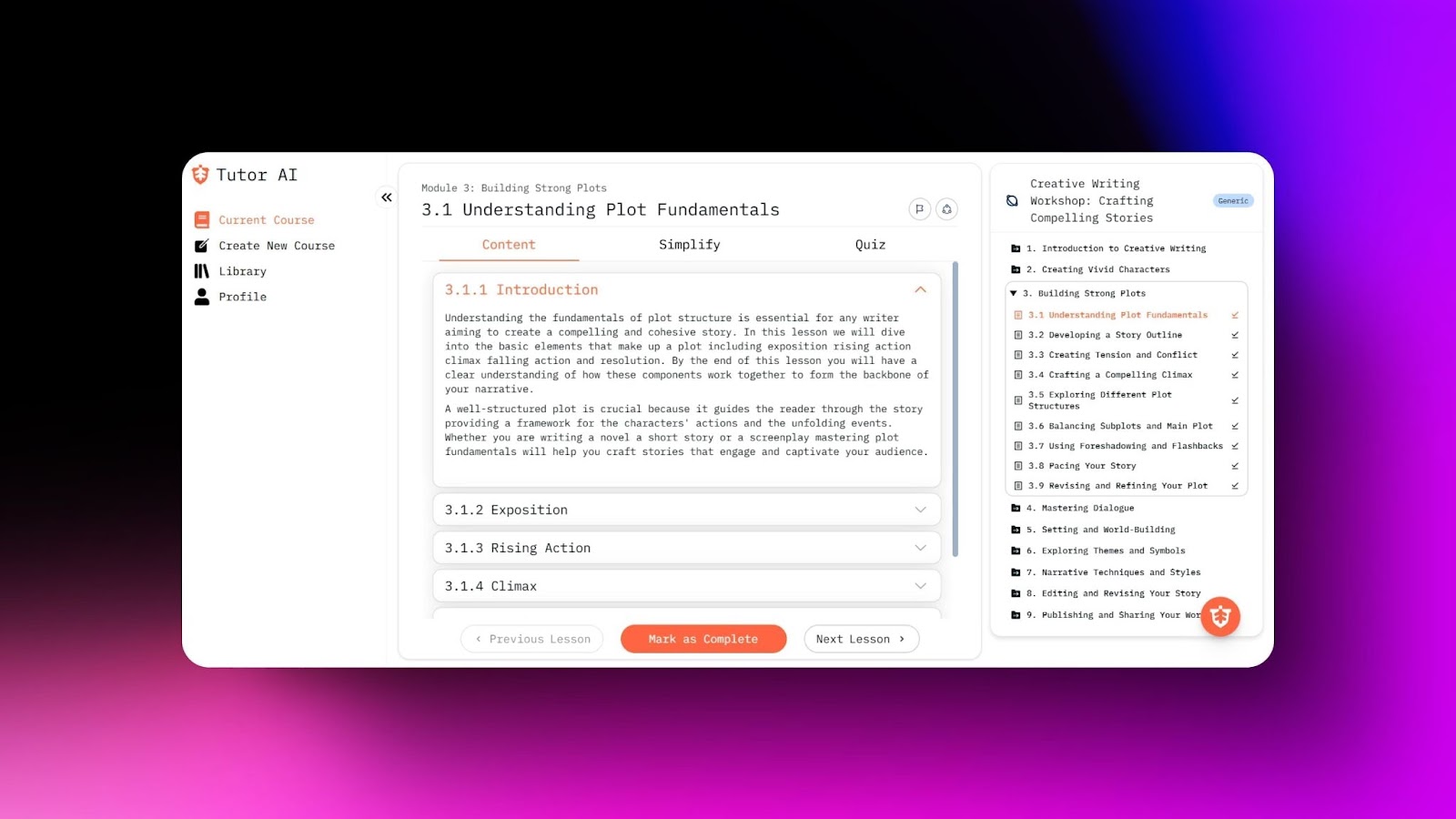 Screenshot of Tutor AI interface teaching plot fundamentals, with modules on exposition, rising action, climax, and resolution.