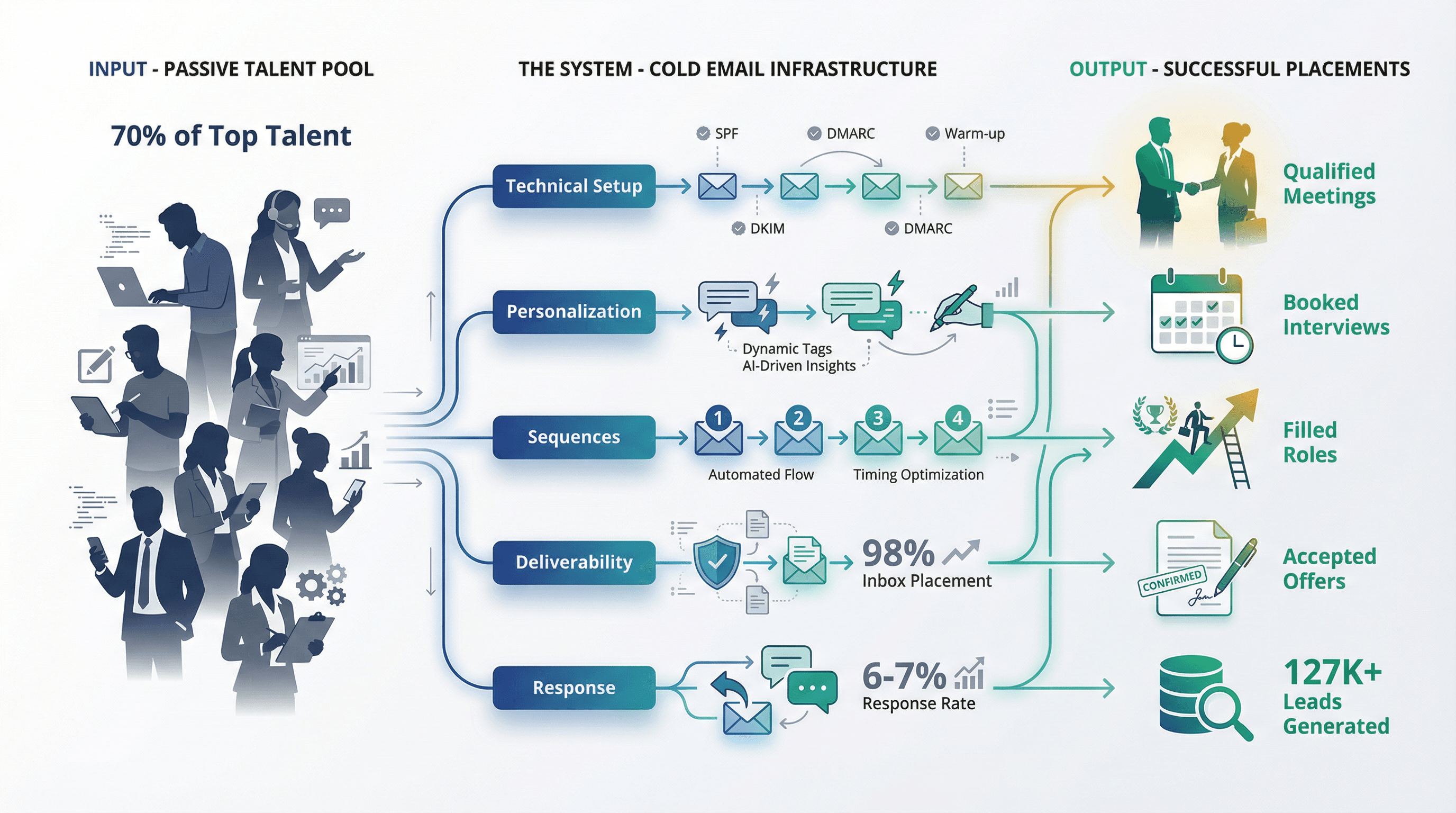 Professional editorial illustration showing the complete cold email recruiting system pipeline from passive candidates to successful placements