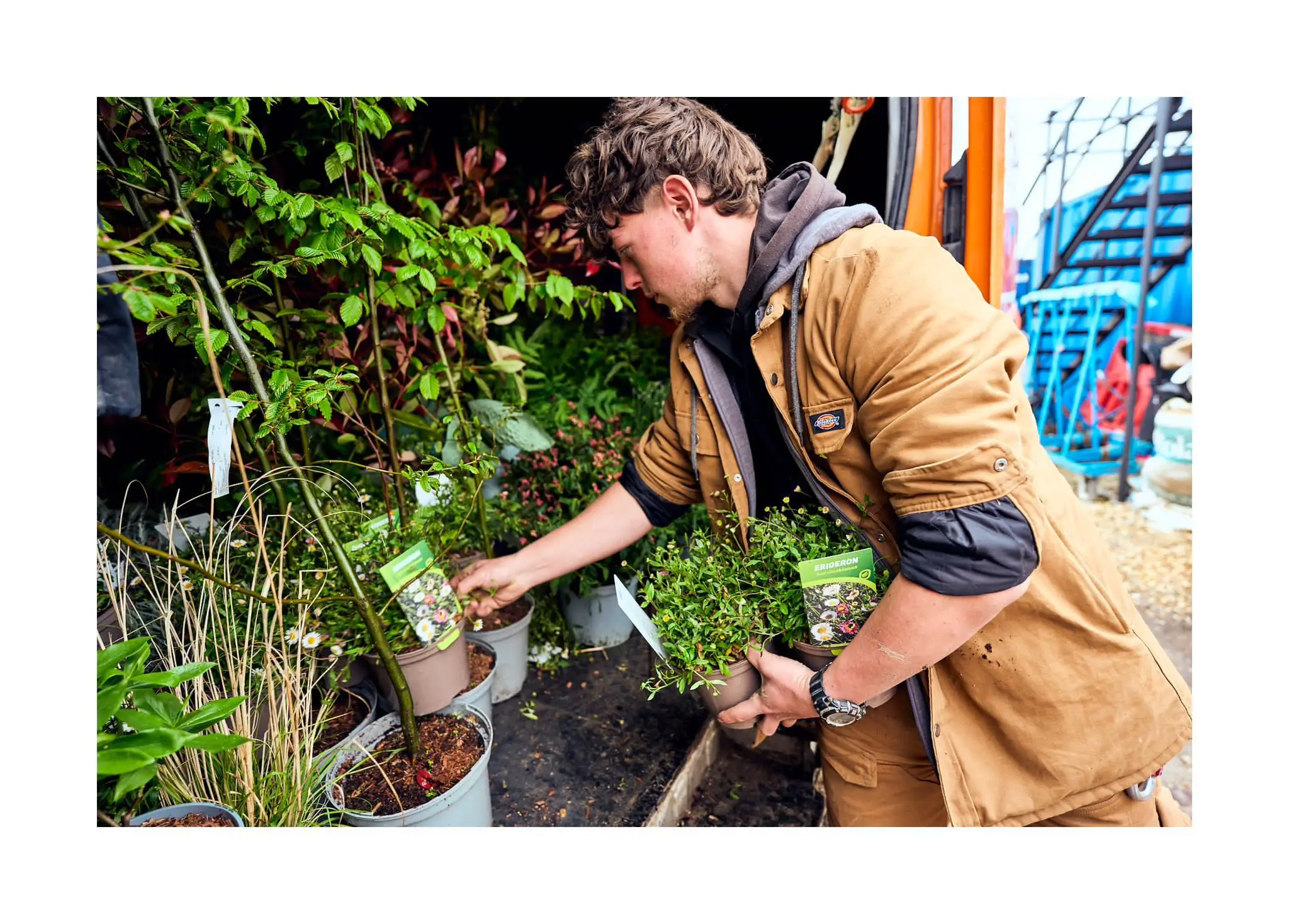 A person in a brown coat tending to plants in a garden, surrounded by greenery and a colorful background.