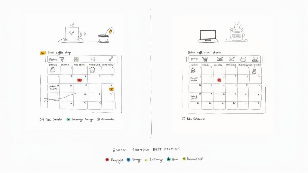A person working on a laptop at a desk with a content calendar displayed on the screen, showing a well-organized plan.