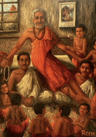 herd of sheep on road painting