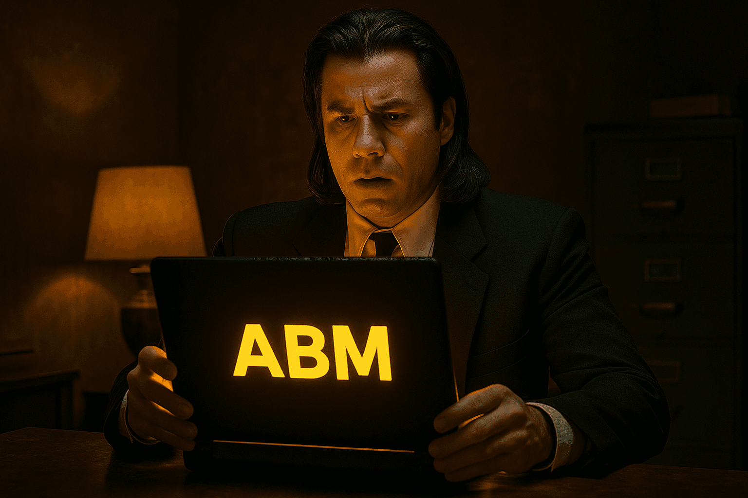 Man in a dark suit opening a glowing laptop with ‘ABM’ on the lid, inspired by the Pulp Fiction briefcase scene.