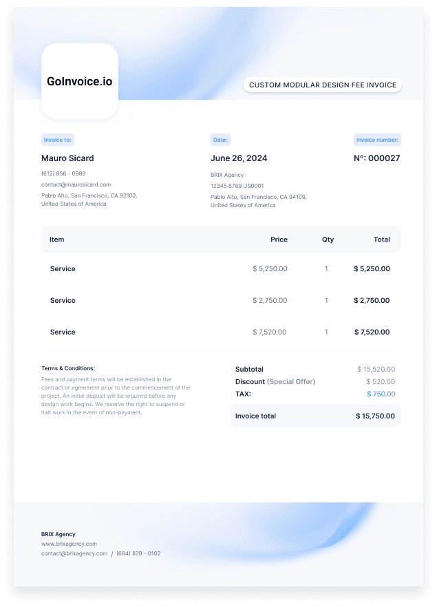 Custom Modular Design Fee Invoice