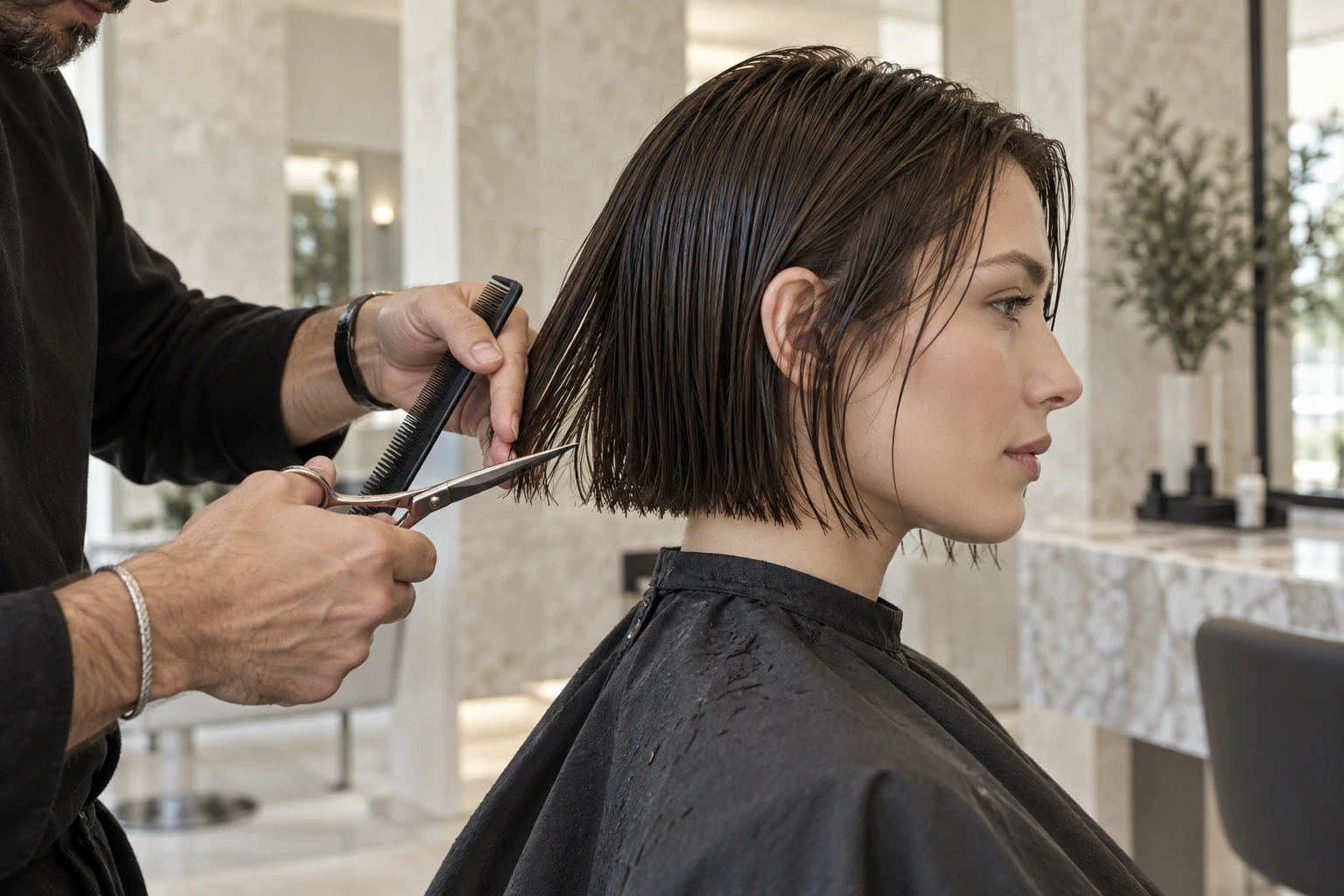 Stylist cutting a precise bob with scissors and comb