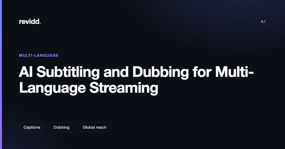 Diagram of an AI subtitling and dubbing workflow showing transcription, translation, voice synthesis, and human review stages for multi-language streaming