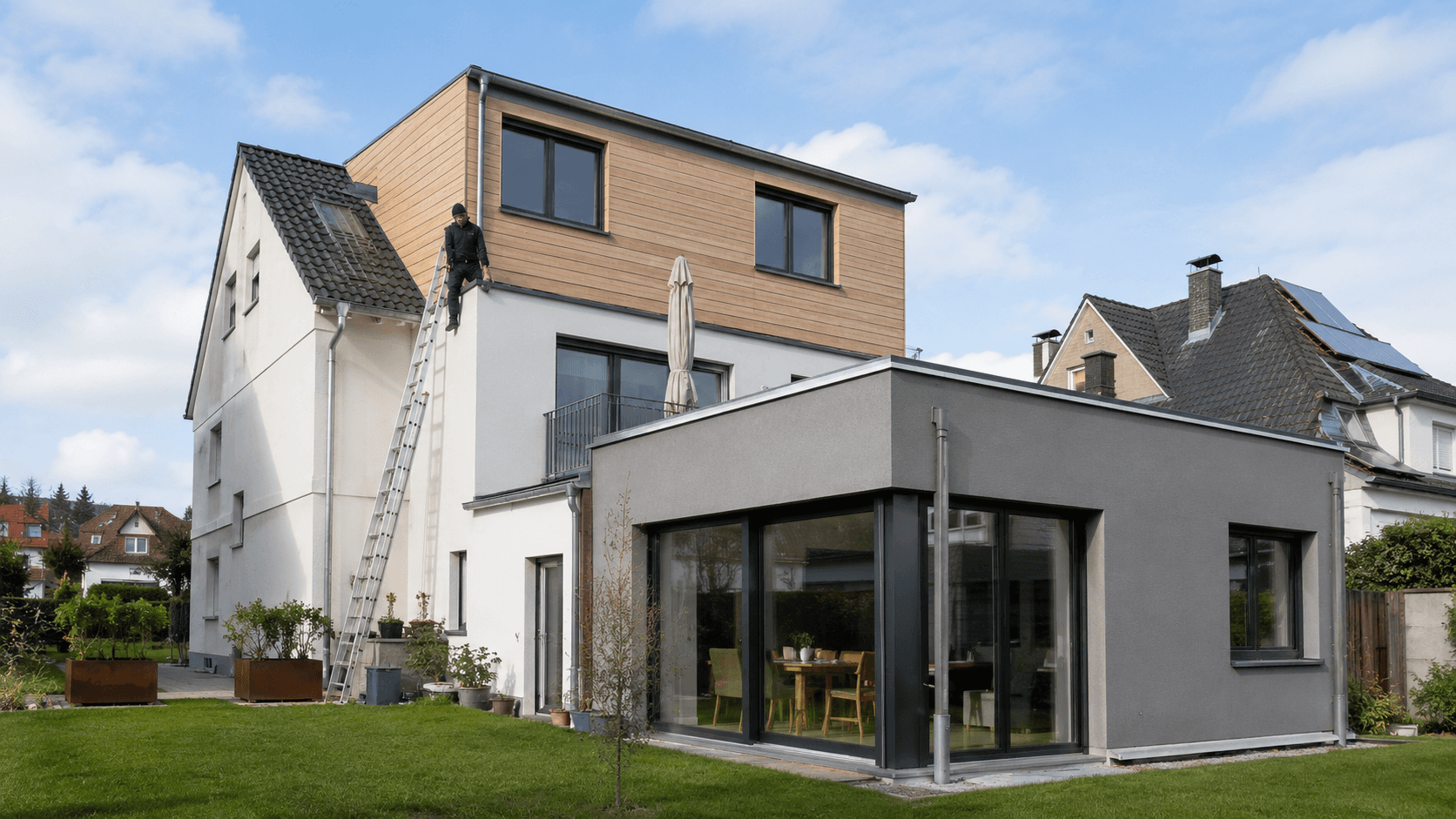 Modernisierte Bestandsimmobilie mit sichtbarer Aufstockung und seitlichem Anbau. Das Bild zeigt die beiden häufigsten Möglichkeiten zur Erweiterung von Wohngebäuden, um zusätzliche Wohnfläche zu schaffen.