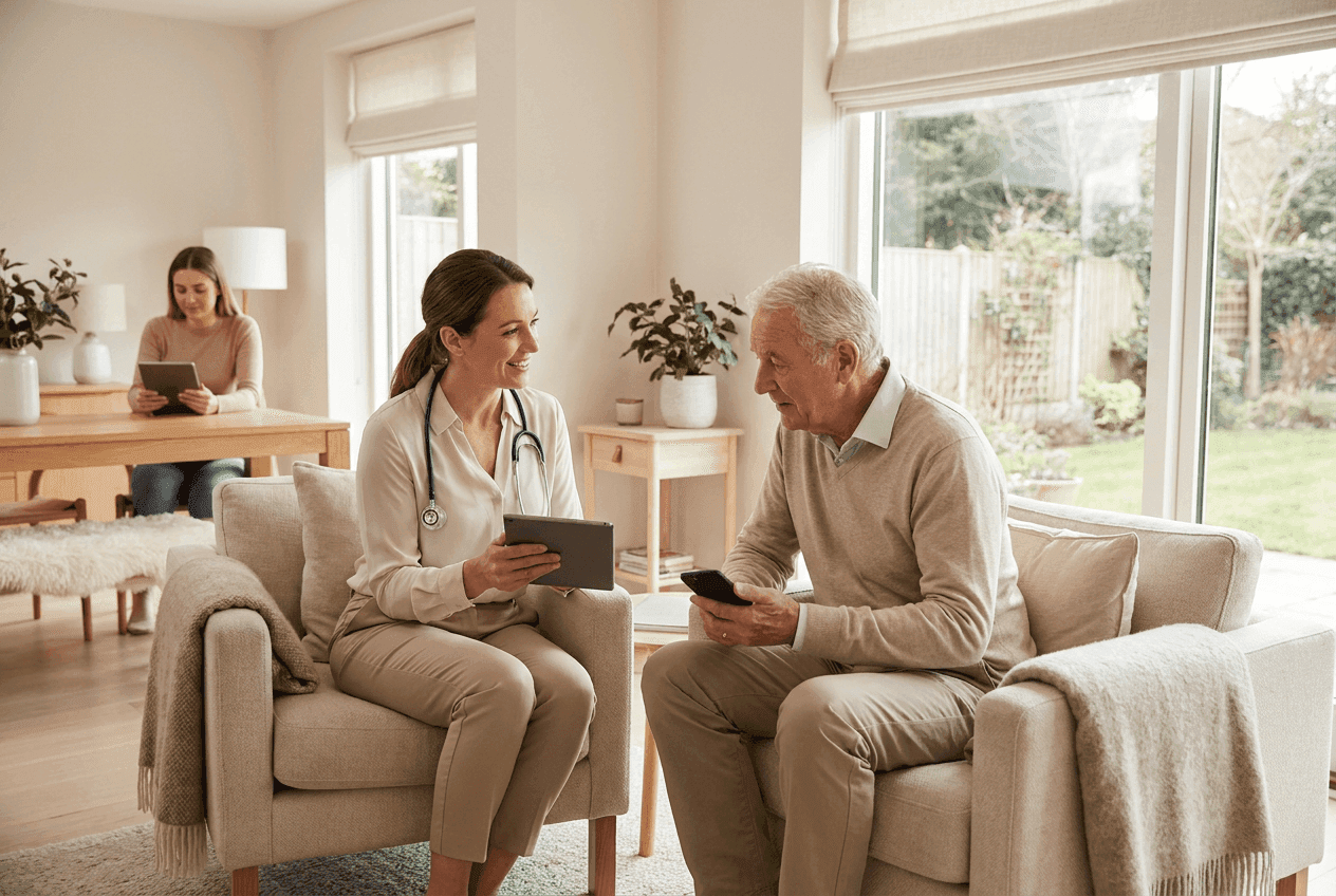 Provider communicating with patient about data on a tablet.