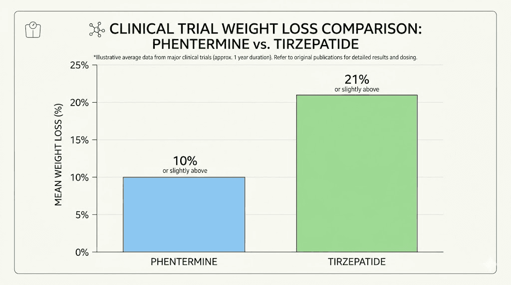 Phentermine vs tirzepatide clinical trial weight loss results comparison chart