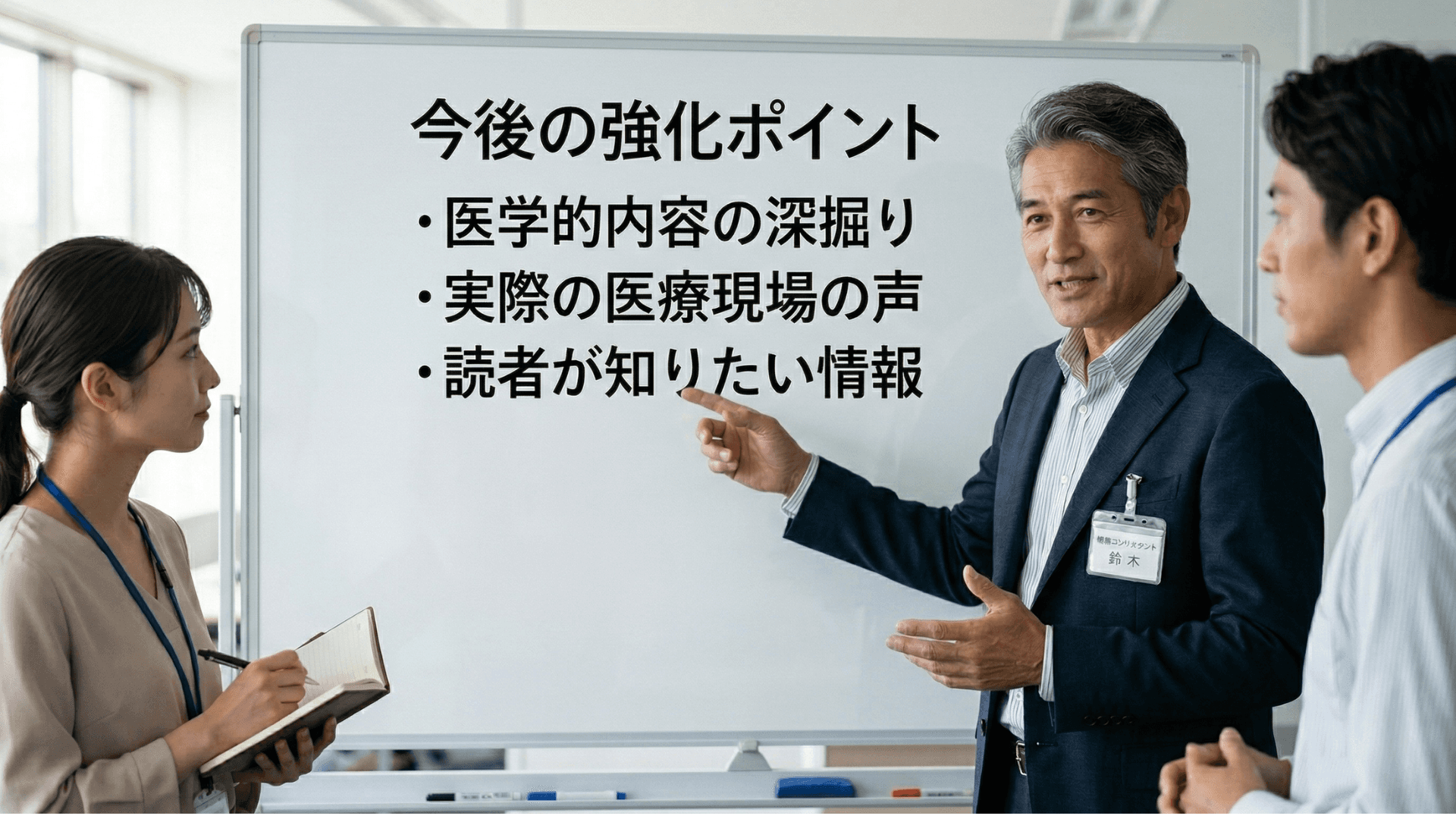 ホワイトボードに「今後の強化ポイント：医学的内容の深掘り・実際の医療現場の声・読者が知りたい情報」と書かれた前で打ち合わせするビジネスパーソンたち。メディコレWEBの速報記事における編集方針を示すシーン
