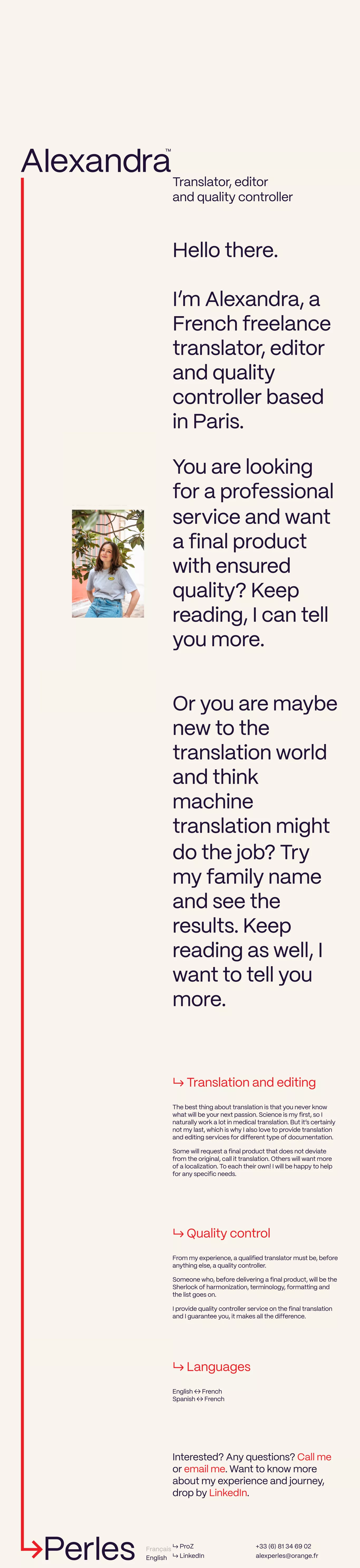 Translator, editor and quality controlle portfolio page screenshot showcasing Writing design
