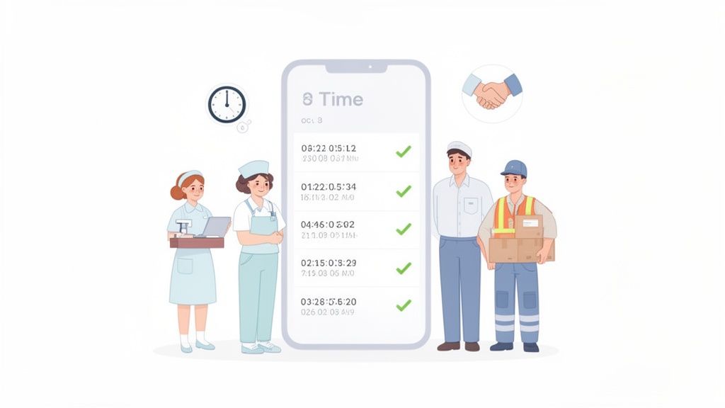 Diverse workers utilize a mobile time tracking application, featuring a clock and handshake icons.