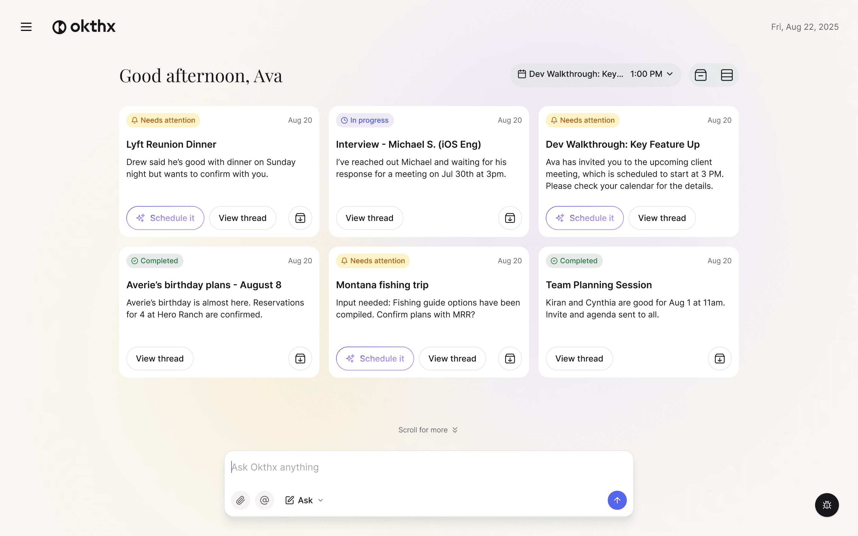 Okthx home dashboard showing task reminders and updates