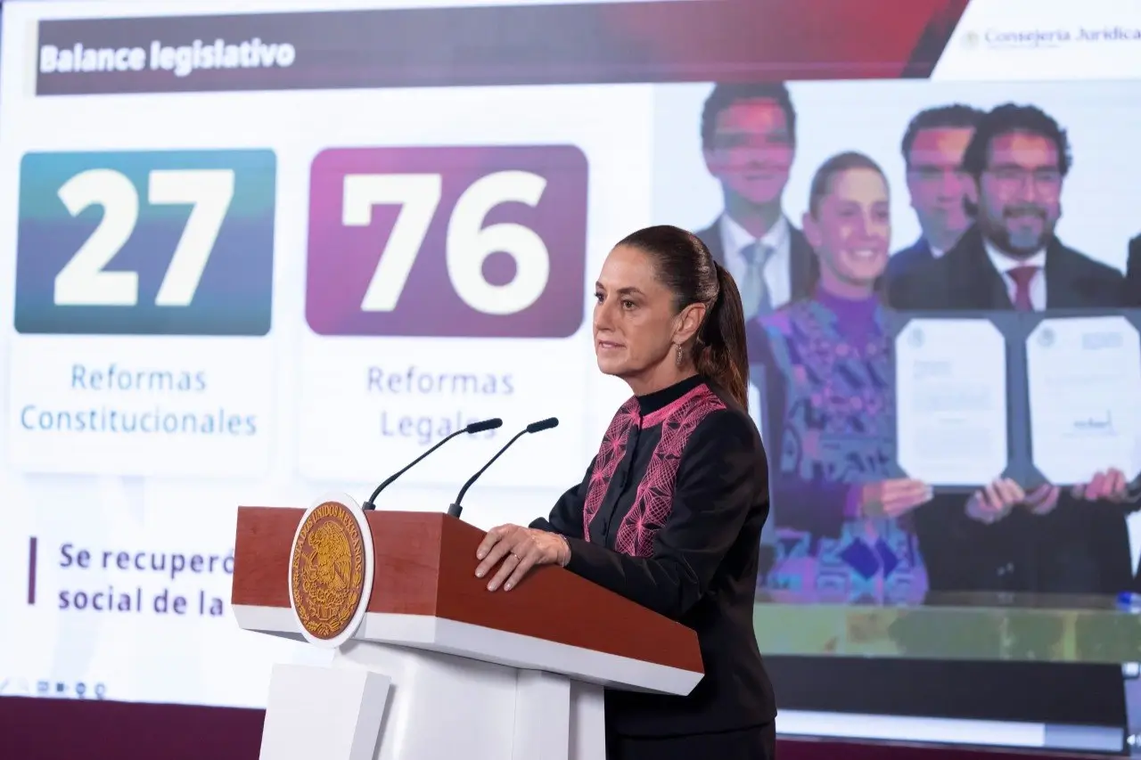 Claudia Sheinbaum speaking at a podium during a presentation on Mexico’s constitutional and legislative reforms at her second state of the nation address