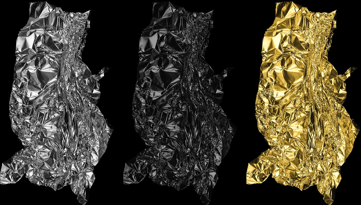 Alumen metal foil textures showing three variations of crumpled foil in chrome black and gold