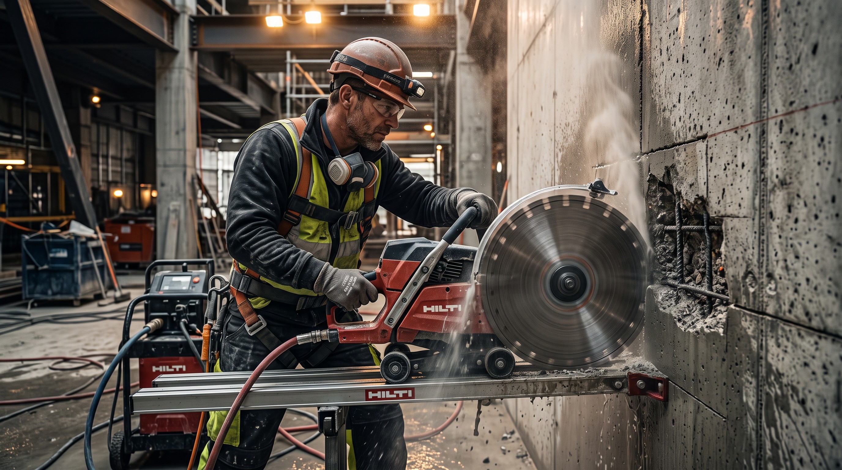 Worker cutting concrete with a saw