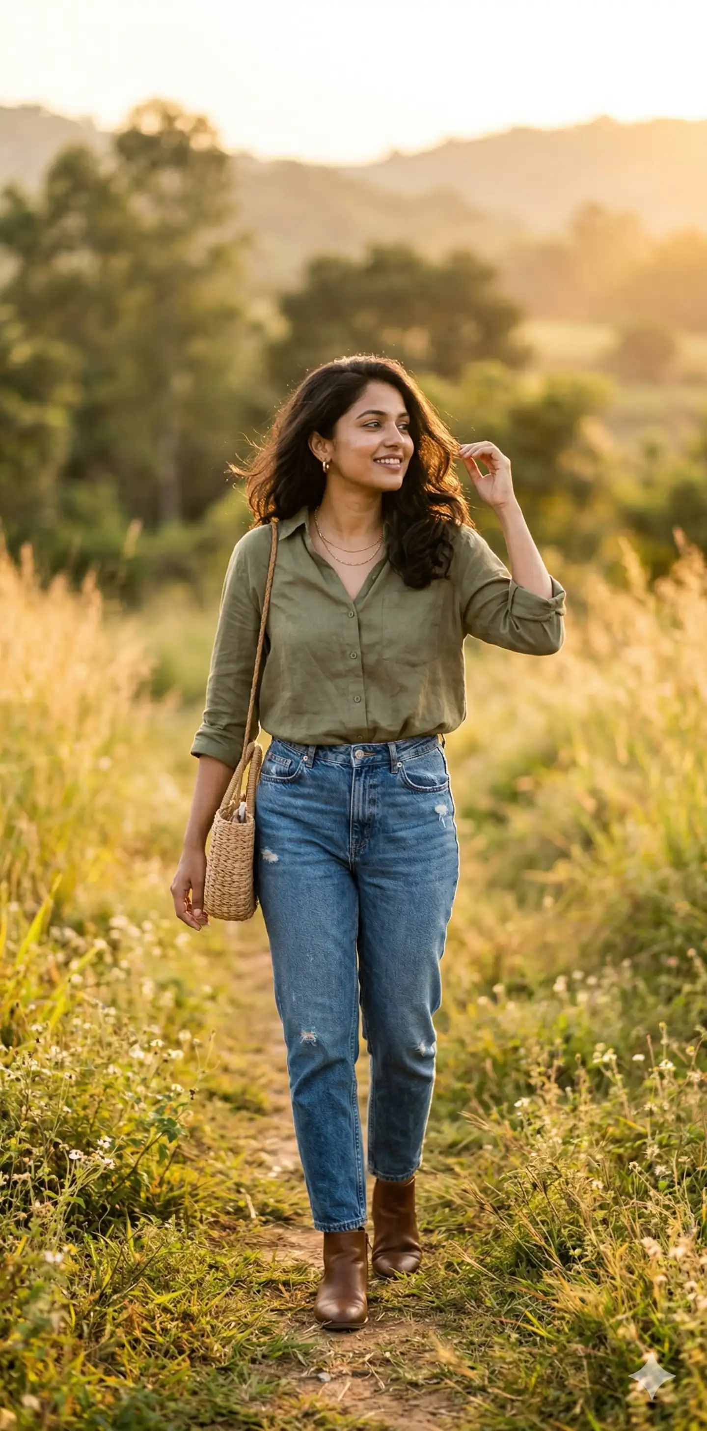 AI-generated lifestyle portrait of a smiling woman wearing an olive green shirt and blue jeans, carrying a woven straw bag while walking through a sunlit grassy field. Designed for the AI image library of Mahendra R.