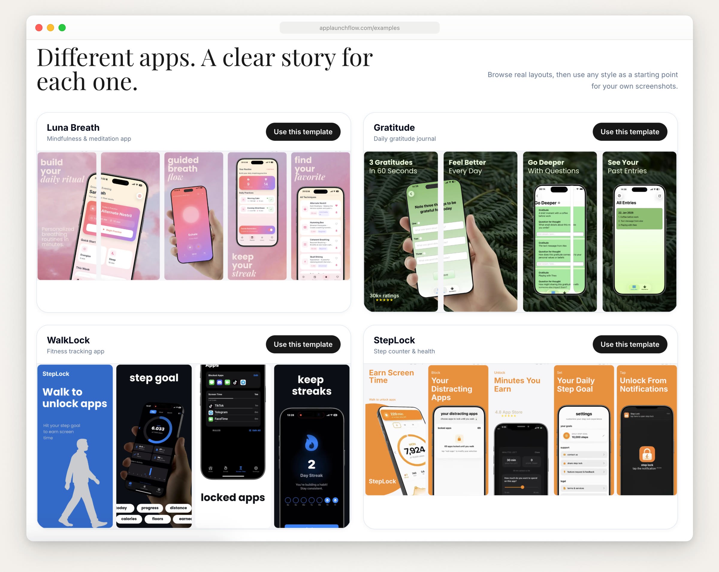 AppLaunchFlow’s examples page: four screenshot sets for a meditation app, a gratitude journal, a walking app and a step counter under the headline Different apps. A clear story for each one.
