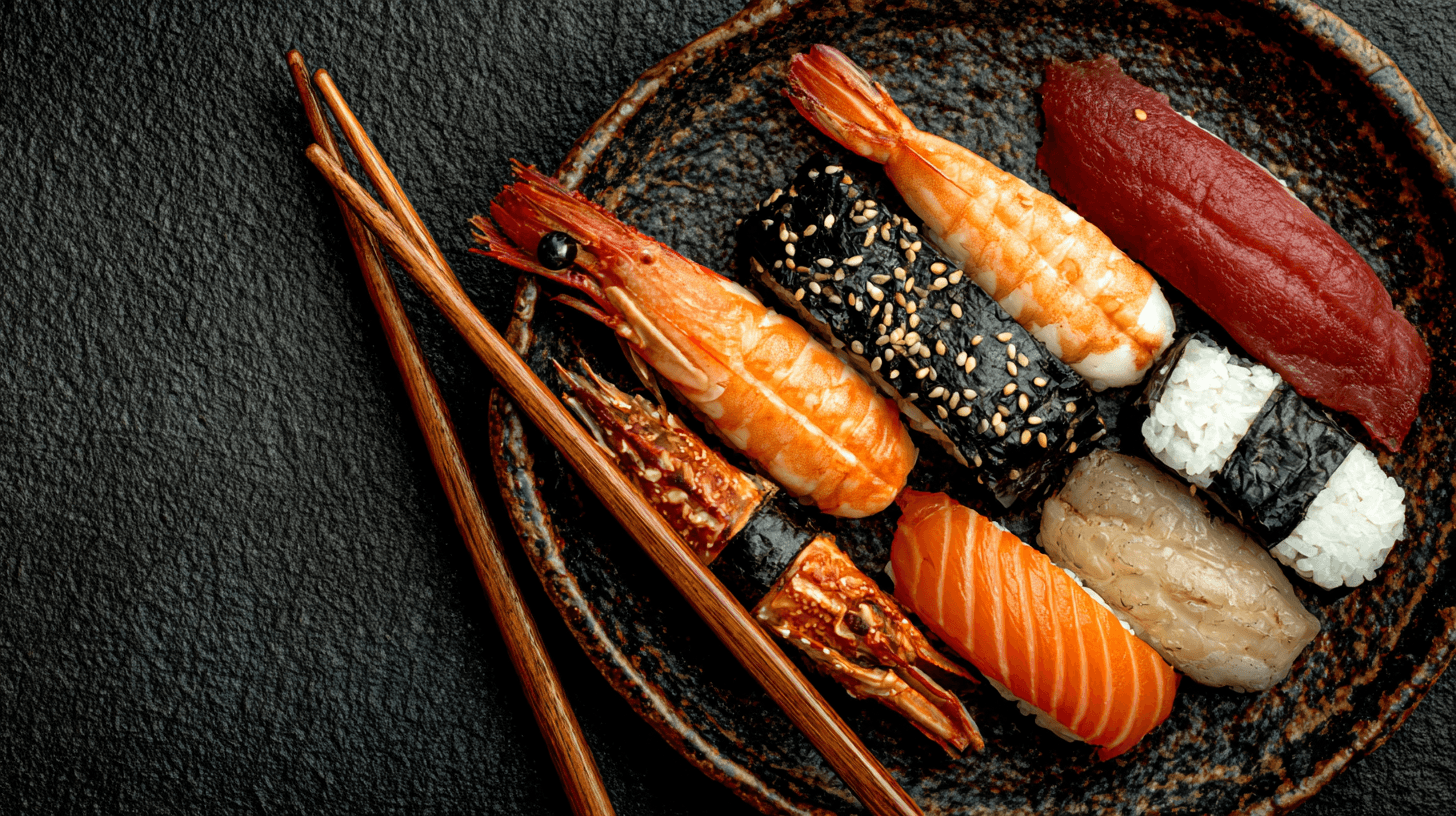 Diverse sushi and sashimi on a dark plate with chopsticks.