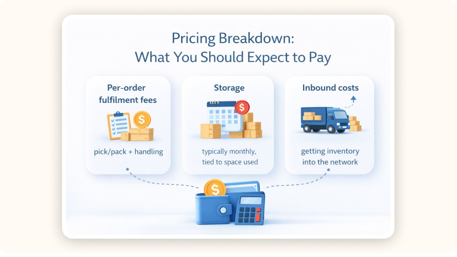 Illustration showing pricing breakdown with fulfillment, storage, and inbound shipping costs