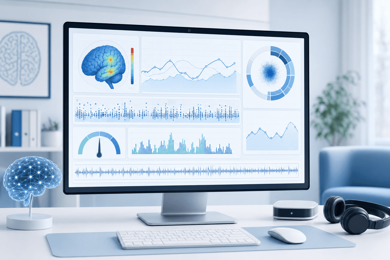 A clean, modern medical illustration showing objective ADHD testing concept. Scene shows a computer monitor displaying attention and activity measurement graphs with data visualization, positioned on a minimalist desk in a telehealth setting. Soft blue and white color palette, professional medical environment, focus on the computerized testing interface with abstract visualization of attention metrics, impulsivity measurements, and activity tracking. Clinical but approachable aesthetic, no people visible, emphasis on the technology and data measurement aspect of ADHD assessment.
