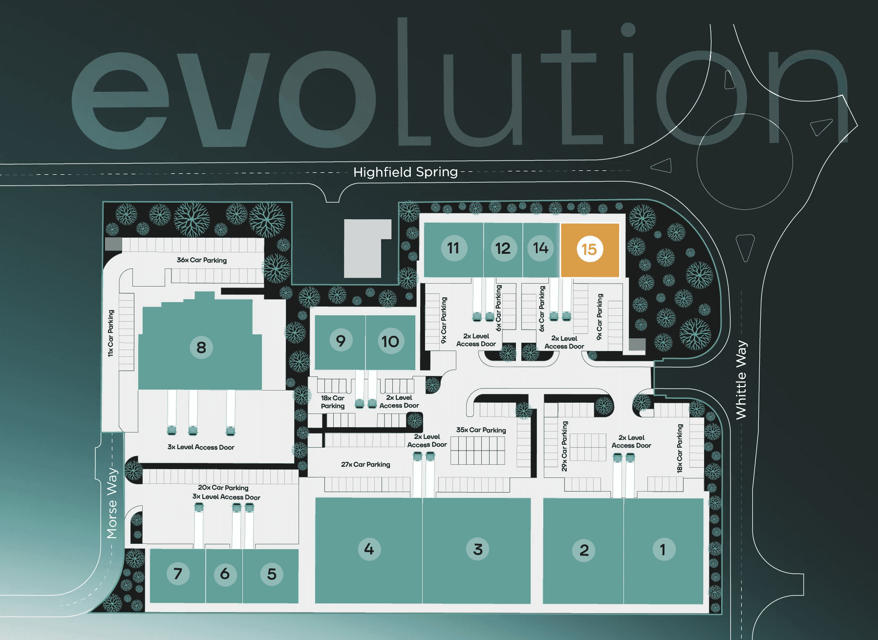 Site plan of evolution at the AMP highlighting available units