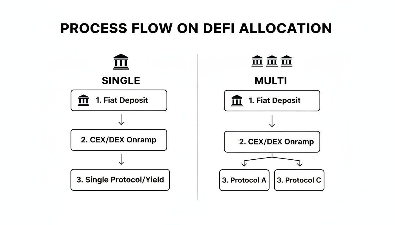 Process flow diagram comparing single and multi-protocol DeFi allocation strategies, from fiat deposit to yield.